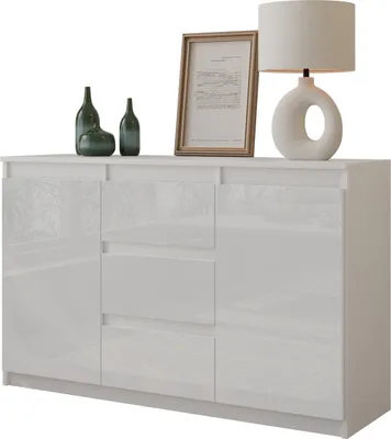 Image de FURNICA - MIKEL - Commode / Sideboard avec 3 tiroirs et 2 portes - Blanc Mat / Blanc Brillant H75cm L120cm P35cm
