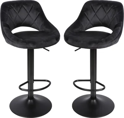 Two black velvet bar stools are shown against a white background.