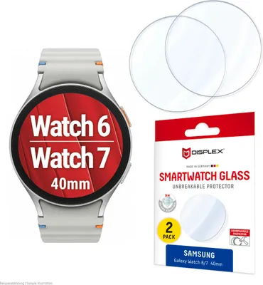 Produktbild von Displex 9H Schutzfolie Galaxy Watch 7/6 (40mm), 2 Stück, ultradünn, randlos, Germany, Displayschutz, Smartwatch, Transparent, Samsung, Galaxy Watch 7/6 (40mm), Gehärtetes Glas
