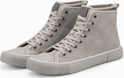 A pair of gray high-top sneakers.