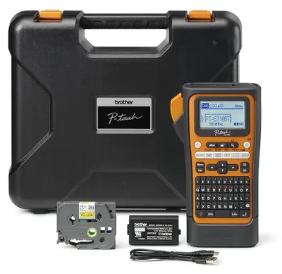 A Brother P-Touch PT-E310BTVP label maker kit is displayed with its accessories and case.