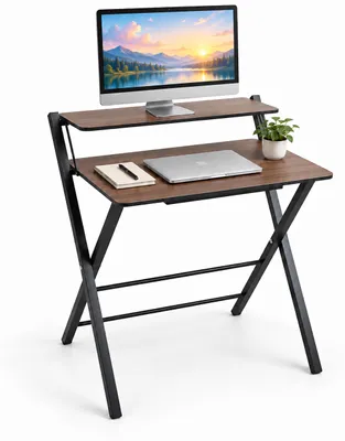 Produktbild von Relaxdays Schreibtisch, Monitoraufsatz, klappbar, HxBxT: 82 x 70 x 56 cm, MDF, Metall, Klappschreibtisch, braun/schwarz, KI-generiertes Bild