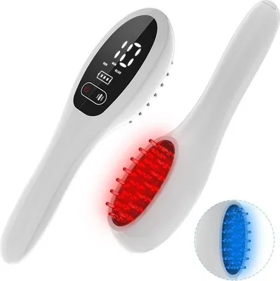 Produktbild von Haarwuchskamm - Laser/LED-Therapiebürste - Wellenlänge 650 nm & 470 nm - Rotes/blaues Licht - Vibrationsmassage - Gegen Haarausfall - Elektrisch - Set 1 Stück