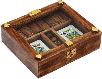 Produktbild von Karten-Würfel-Domino-Box aus Mango-Holz, Glas und Messing, 20x17,5x6cm – Deko