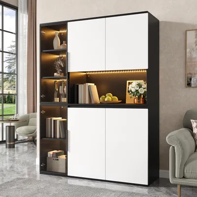 Produktbild von Merax Hochschrank mit LED-Leuchten, Vitrine mit Glaselementen, Highboard Esszimmerschrank aus MDF, Wohnzimmerschrank mit Stauraum, Schwarz + Weiß