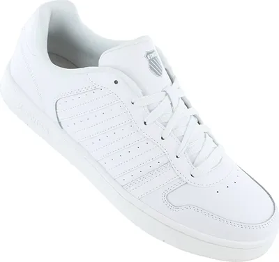 A white K-Swiss sneaker is shown from a slightly elevated side angle against a white background.