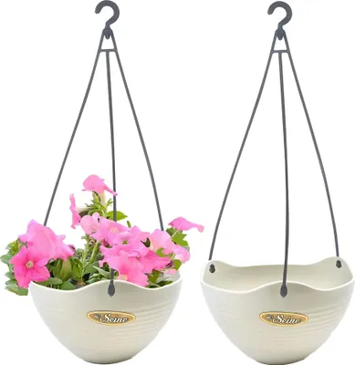 Produktbild von 2er Pack Hängende Blumentöpfe mit Wasserkontrollnetz, 360 Grad Drehung Selbstabsorbierende Blumentopfkorb Plastik Außen Innen Blumenampel Garten Deko, Weiß, Durchmesser 21cm