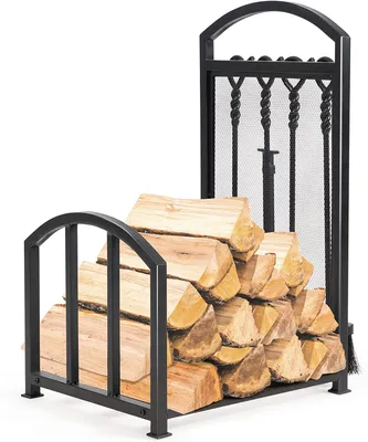 Produktbild von GOPLUS Kaminholzregal mit 4 tlg. Besteck, Brennholzregal mit Schürhaken, Zange, Besen & Schaufel, Feuerholzregal