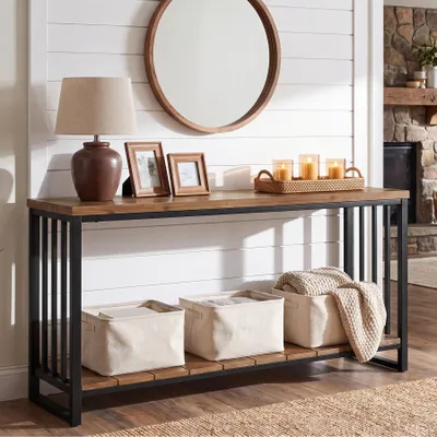 Produktbild von 140 cm Konsolentisch aus Massivholz, Eingangstisch mit 2 offene Ablageflächen, Sofatisch mit Metallgestell, Industriestil Beistelltisch