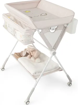 A baby changing table with storage and a stuffed animal.