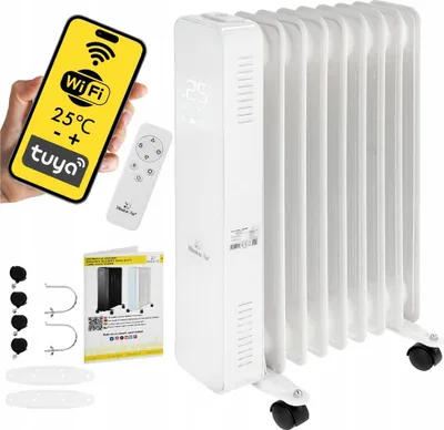 A collage of images showing an oil radiator, its remote control, a smartphone displaying a Tuya app interface, and accessories like wheels and brackets.