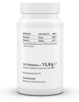 Produktbild von Vitaworld Vitamin D3 2.000 I.E. + K2 MK7 200 µg Tabletten, 120 St. Tabletten