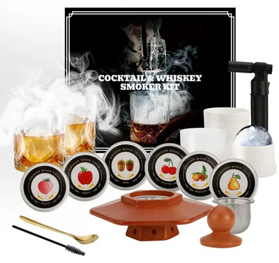 Cocktailräucherset mit 6 Holzsorten, 2 Gläsern & Eiskugelformen