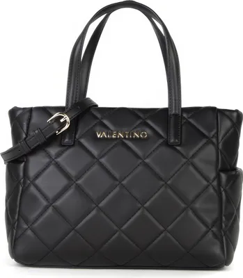 A black quilted Valentino handbag is shown against a white background.