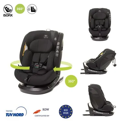 A collage showing a black car seat from different angles and with various informational icons.