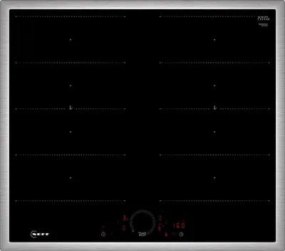A top-down view of a black induction hob with a silver frame.