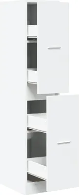 A tall, narrow white cabinet with several open drawers is shown from the front.