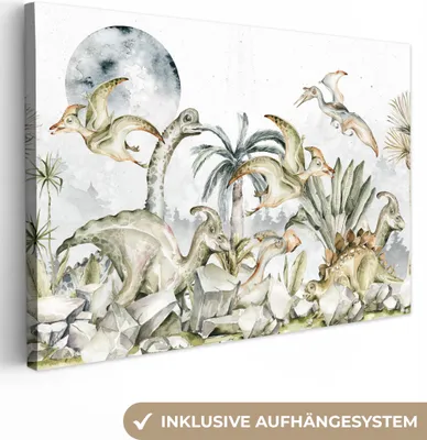 Produktbild von MuchoWow® - Leinwandbilder - Dinosaurier - Kinder - Dschungel - Grün - Tiere - Natur, Wandbild, Wanddeko Bilder Wohnzimmer, 120x80 cm