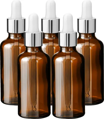 Produktbild von 5x Glasflasche Braun 50 ml mit silberner Aluminium Pipette leer 18 mm
