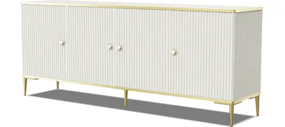 Produktbild von Kommode PETRA 182 cm 4D KASCHMIR BEIGE mit Goldene Metallfüße Sideboard MDF 4 Türen Highboard Schrank offene Regale Büfett mit gefräster fronten und seiten