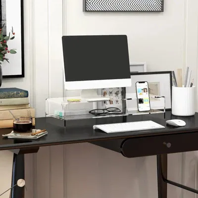 Zdjęcie produktu dla Stojak na monitor z akrylu z miejscem do przechowywania | Kolor: przezroczysty | Wymiary: 50,8 x 19 x 12 cm
