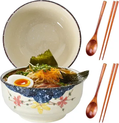 Produktbild von Schüssel Ramen-Keramikschale, 1200 ml, 2 Sets japanische Ramenschalen mit Stäbchen und Löffel, Salatschüsseln, Suppenschüsseln für Salat, Nudeln, Müsl