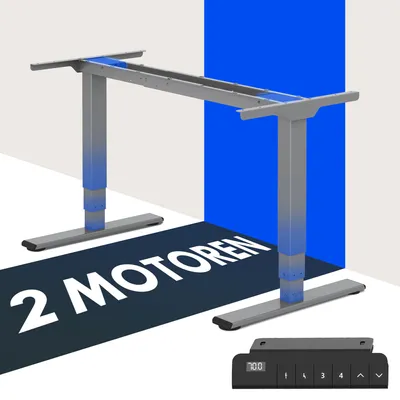 A product shot of a gray adjustable desk frame with blue accents, set against a white and blue background. Text overlays highlight features.