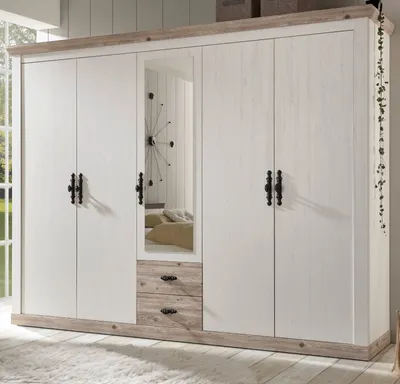 Produktbild von Kleiderschrank "Rovola" Pinie weiß Landhaus Schrank 5-türig mit Spiegel 265 cm