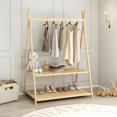 Produktbild von Kindergarderobe DANILO mit 1 Kleiderstange & 2 Ablageböden in natur - Montessori Möbel für Kinderzimmer, freistehende Garderobe aus Massivholz mit Ablage.