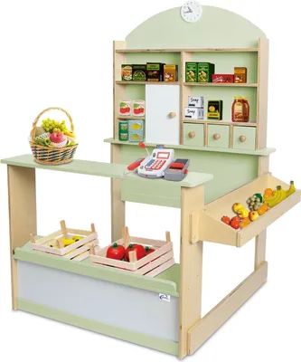 Produktbild von Kaufladen Kinder Kaufmannsladen Holz Verkaufsstand mit 3 Schubladen Schrank Uhr Theke Seitentheke Farbe Pastell-Grün