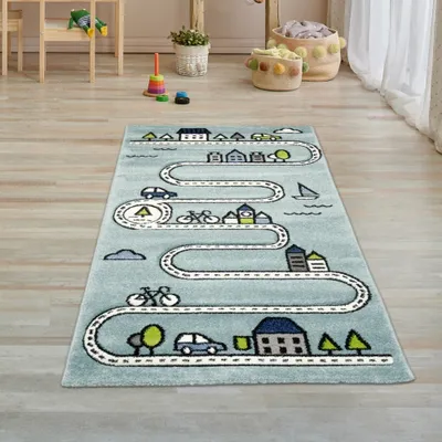 Obrázek produktu pro Dětský koberec Street rug Učební koberec chlapec s ulicemi a domy v tyrkysové barvě Velikost - 80 x 150 cm