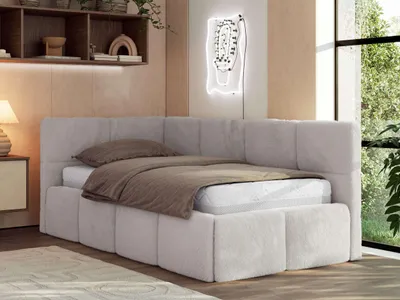 Produktbild von MKS MEBLE Jugendbett 90x200 cm ARVO Polsterbett mit Bettkasten, Mettalrahmen Stauraum & Gasdruckfeder, ohne Matratze - Hellgrau Plüsch - Links Seite