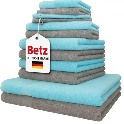 Produktbild von Betz 12er Handtuch-Set PALERMO 100% Baumwolle  Farbe: stone und türkis