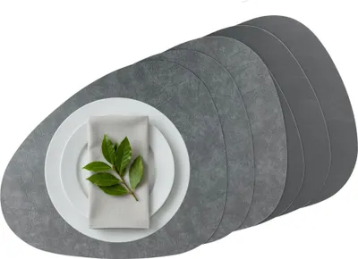 Produktbild von Platzset 6er Set, 2in1 Wende-Tischunterlage Kunstleder oval, Platzdeckchen 40x31cm Nierenform (grau)