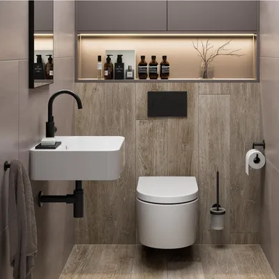 Produktbild von Lenz Gästebad-Set PERFECT FIT 8-teilig Schwarz – Wand-WC inkl. WC-Sitz mit Absenkautomatik, Waschtisch, sparsame Armatur, Siphon & Badaccessoire-Set