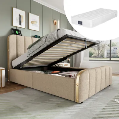 Produktbild von MODFU Boxspringbett Hydraulisches 90 x 200 cm mitmit Kopfteil mit USB Typ-C Ladefunktion, Polsterbett Einzelbett Stauraumbett mit Bettkasten Stauraum, Leinenstoff Beige(Mit Matratze)