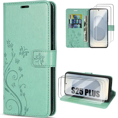 Image de Coque + 2 Verres Trempés pour Samsung Galaxy S25 Plus (S25+) Protection Rabat Synthécuir Motif Papillon Fleur Vert