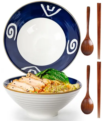2er-Set Ramenschüsseln, Keramik, 1200 ml, mit Stäbchen & Löffeln