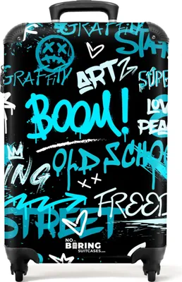 Produktbild von NoBoringSuitcases.com Hartschalen Handgepäck Koffer 55x35x20 cm, 36L, Bunte Graffiti-Drucke: Schwarz - Blau, Reisekoffer mit 4 Rollen