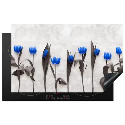 Produktbild von KitchenYeah© Herdabdeckplatte Blumen - Tulpen - Blau , 83x51cm, Küche Deko, Glaskeramikkochfeld Herdabdeckung, Abdeckplatte fùr Kochfeld
