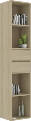 A tall, narrow bookshelf with several shelves, two drawers, and some decorative items.