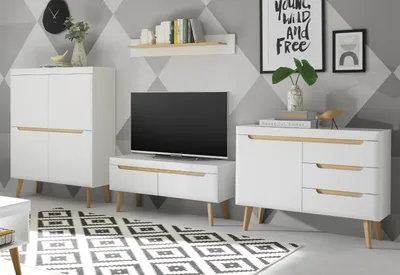 Produktbild von Wohnwand "Isgard" in weiß matt und Scandi Eiche Wohnkombination 4-teilig 361 cm