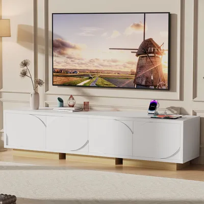 Zdjęcie produktu dla REMZETTA TV-Lowboard, 175 cm, biały, z 4 drzwiczkami, 2 gniazdkami, portami USB i USB-C, szafka RTV z regulowanymi półkami i systemem cichego domykania, przeznaczona do telewizorów do 80 cali