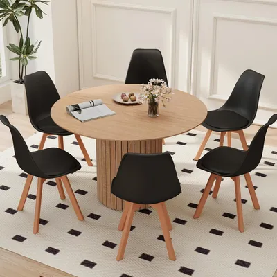 Produktbild von Runder Esstisch mit 6 Stühlen - Essgruppe 7-teilig - 120 cm Massivholz Buche - Modern minimalistisch - Für Esszimmer Küche Café - Hellbraun Schwarz
