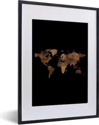 Produktbild von MuchoWow® Gerahmtes Poster Weltkarte - Gold - Schwarz 30x40 cm - Poster mit Schwarzem Bilderrahmen Wandposter Rahmen Foto Bilder - Wandposter Schlafzimmer