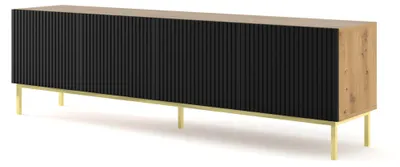 Zdjęcie produktu dla Szafka pod TV RAVENNA szer. 200 cm rama 4D DĄB ARTISAN / CZARNY MAT Szafka dolna z metalowymi nogami Szafka pod TV stojąca Szafka pod TV Modern Loft Szafka pod TV Sideboard Stolik HiFi Złota lub czarna metalowa rama Nogi z frezowanymi frontami