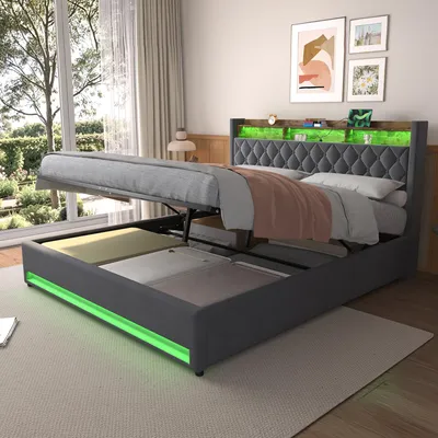 Produktbild von okwish Polsterbett 180×200 Jugendbett mit LED-Beleuchtung, USB & Steckdosen,Stauraumbett mit Kopfteil & Regal ,Komfortables Bett für Schlafzimmer,Grau(ohne Matratze)