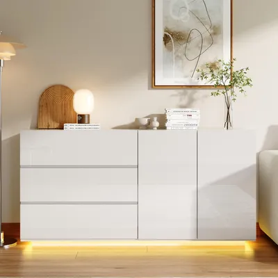 Image de Buffet ProximaX avec 2 portes et 3 tiroirs, blanc brillant, éclairage LED RGB, 160 x 35 x 76 cm