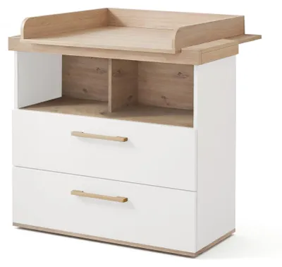 Produktbild von roba Wickelkommode „Jimmy“ - Wickelkommode für Babyzimmer mit abnehmbarem Wickelansatz - 2 Soft-Close Schubladen & offene Fächer - Massivholzgriffe - Weiß / Eiche