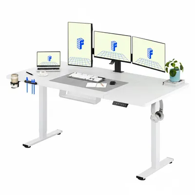A white adjustable standing desk with multiple monitors, a laptop, keyboard, mouse, and accessories.